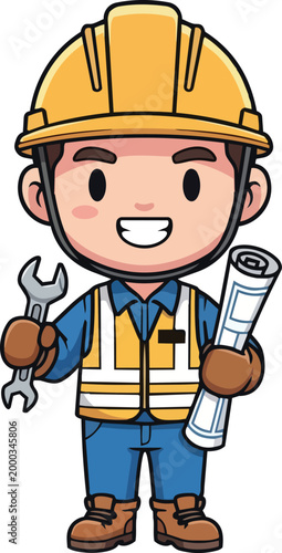 A smiling cartoon construction worker holding a wrench and blueprints in an industrial setting