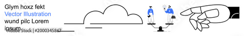 Digital transformation, justice, decision-making, teamwork, technology integration, inequality. Elements include a cloud, balancing scale with two figures and a pointing hand. Digital transformation