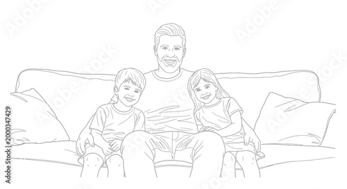 Happy father sitting with his two smiling children, a boy and a girl, on a comfortable couch, showcasing family bond and joy in a line art illustration.
