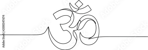 Minimalist continuous line art drawing of the sacred Om symbol, beautifully representing peace, spirituality, meditation, and cosmic unity on a clean white background.