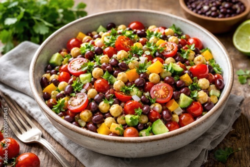 Healthy bean and vegetable salad in a ceramic bowl on natural wood background