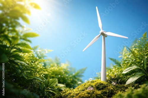 Green energy idea showing wind turbine model amidst foliage on a vibrant blue background with copy space