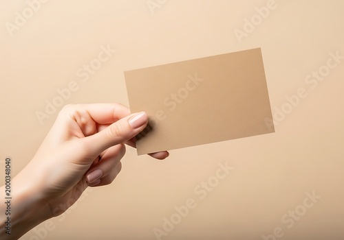 Woman Hand Holding Blank Beige Card Mockup on Tan Background