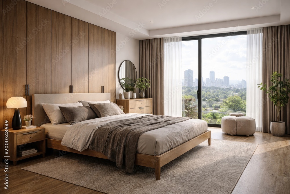 Fototapeta premium Chic bedroom design in a modern apartment showcasing wooden wardrobe and bed by window