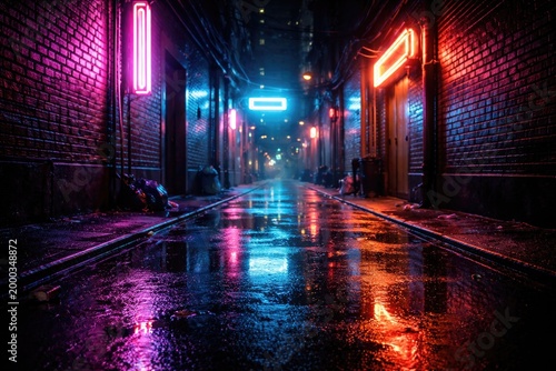 Brilliant neon illumination on brickwork and damp asphalt reflecting urban cyberpunk environment copy space