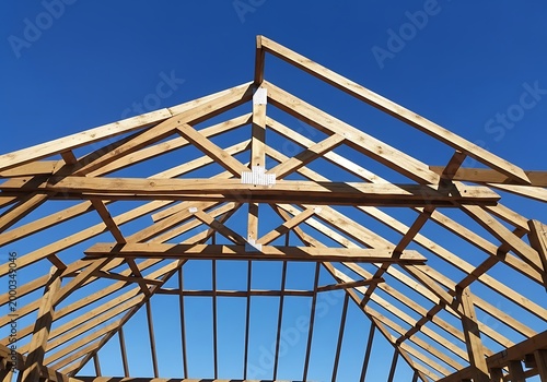 Wooden roof framing of a house under construction against a clear blue sky