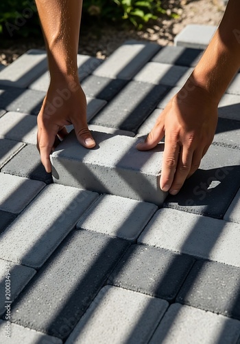 Worker Hands Placing Concrete Paving Stone on a Garden Patio Path