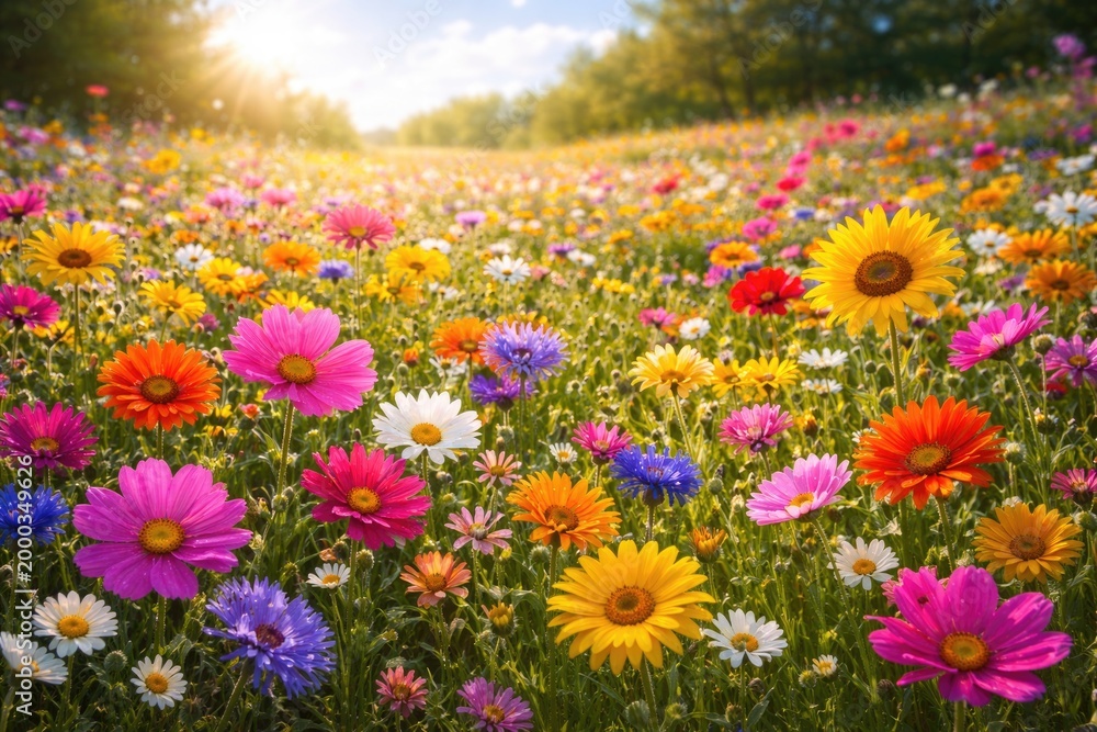 Obraz premium Cheerful blooming flowers spreading color across a sunny lush field