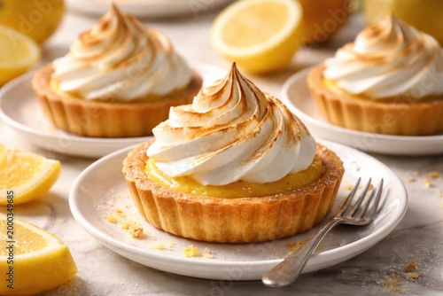 Fresh lemon tartlets crowned with golden meringue served on white plates illuminated by subtle lighting