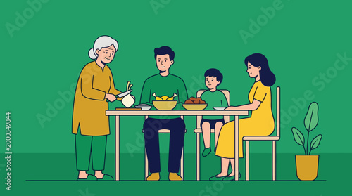 Flat illustration of a family enjoying a meal together at a table with traditional Indonesian ketupat on Lebaran in a simple, green background