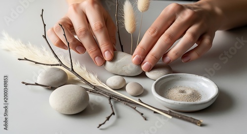 Zen Still Life with Hands Arranging Smooth White Stones and Dry Branches