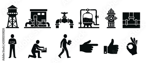 Water Infrastructure Icon Set, Plumbing System and Maintenance Symbols, Industrial Piping, Valves, Storage Tank, Fire Hydrant, and Technician Worker Pictograms for Utility Management and Engineering P