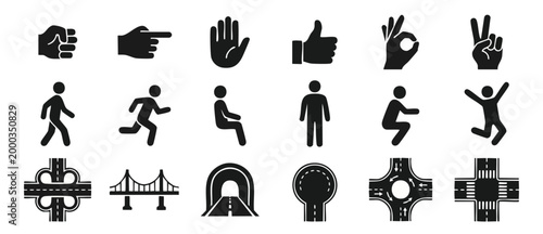 Human Hand Gestures and Road Icons Set, Vector Pictograms for Navigation and UI Design, Black Symbols Representing Human Poses, Traffic Infrastructure, Intersection, Bridge, and Tunnel Transportation