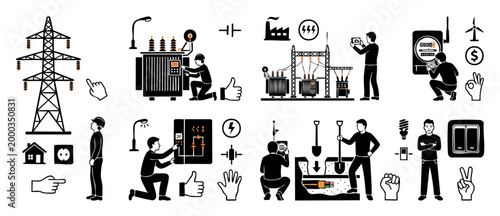 Electrical Engineering Technician Icons Set, Power Infrastructure Maintenance, Grid Systems Inspection, Utility Worker Repair Service, Energy Industry Vector Graphic Elements, Industrial Safety Equipm