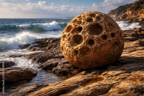 Natural sandstone concretion beside sea waves on rugged coastal shore
