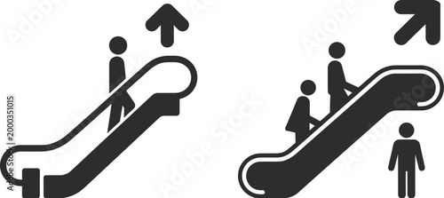 Two escalator icons showing people ascending and descending on white background stairs moving stairs