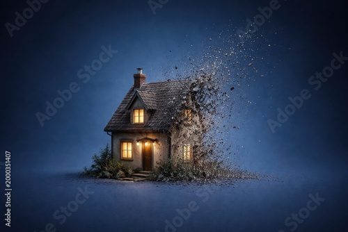 Little house dissolving against a deep blue backdrop