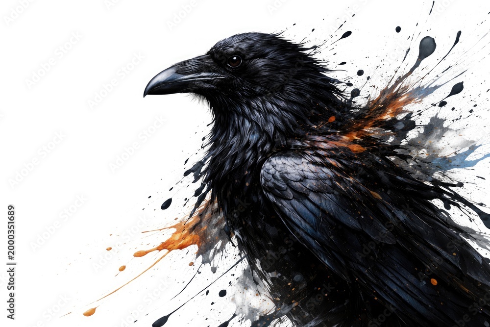 Obraz premium Dark raven profile with dynamic paint splashes isolated on white backdrop copy space