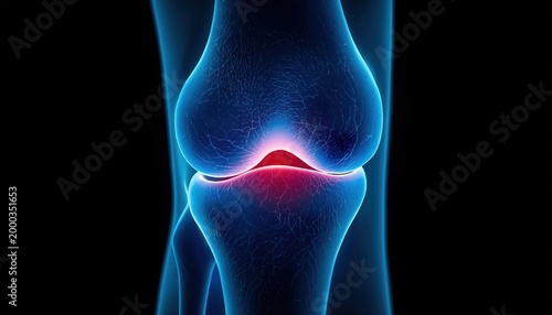 human knee joint with inflamed red cartilage highlighted.