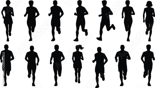 Fotografie Silhouettes of Male and Female Runners in Motion on White Background vector unti