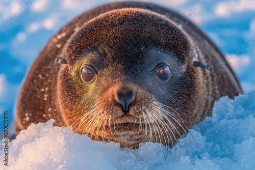 Close up of a seals face on snowy surface in natural environment