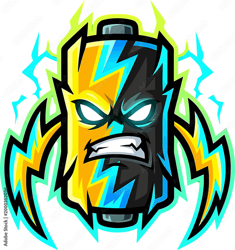 Fototapeta premium Energetic Battery Mascot with Electric Bolts and Intense Gaze - Dynamic Illustration