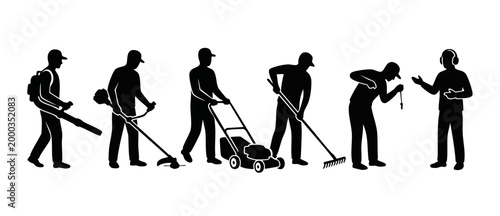 Lawn care workers silhouette icons, gardening service team mowing grass, trimming hedges, raking leaves and landscaping maintenance tasks set isolated on white background for professional business des