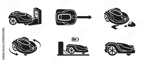 Robotic Lawn Mower Icons Set, Smart Garden Equipment Vector Symbols. Automatic Grass Cutting Machine, Charging Station, Navigation and Obstacle Avoidance Infographic Elements for Home Automation Tech.