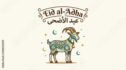 Eid al Adha Vector Illustration – Islamic Festival Design with Typography, Patterned Goat & Stars
