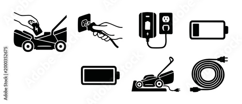 Electric Lawn Mower Battery Charging Icons Set. Charging Cord, Power Plug and Battery Level Symbols for Gardening Equipment Maintenance, Sustainable Energy Tool Usage and Household Appliance Operation