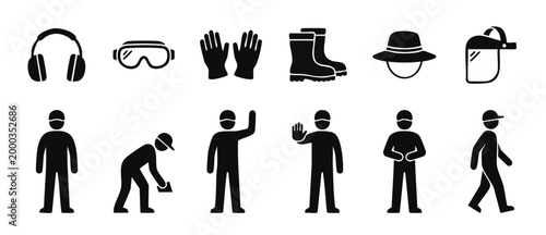 Personal Protective Equipment PPE Icons and Safety Worker Silhouettes Set for Industrial Health and Safety Standards, Construction Site Uniforms, Workplace Protection Gear, Hazard Prevention Visuals