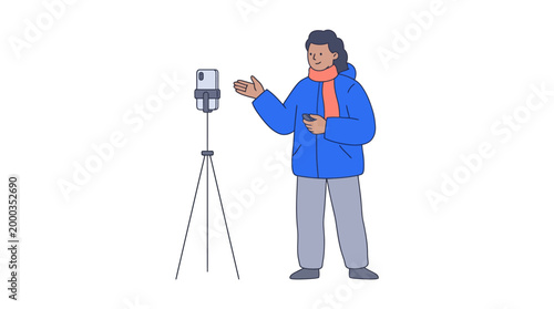 Person filming video with smartphone on tripod isolated on white background