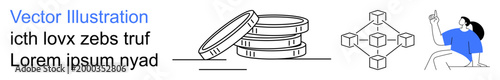 Cryptocurrency, digital finance, blockchain technology, decentralized systems, modern banking, futuristic investments. Stacked coins, blockchain diagram person engaging with data. Cryptocurrency