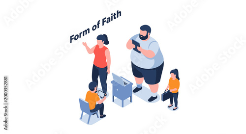 Family of Four Engaged in Religious Activities Together.