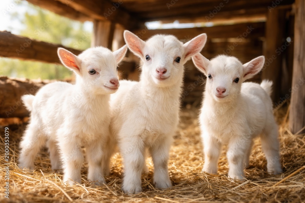 Fototapeta premium charming white goat kids posing under rustic shelter in bright natural light