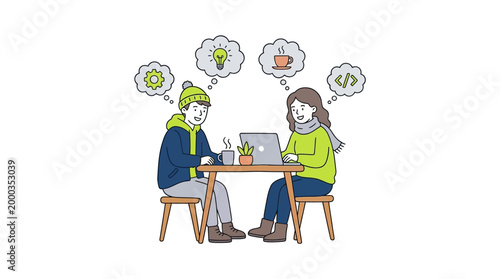 People discussing ideas at a table with thought bubbles representing concepts