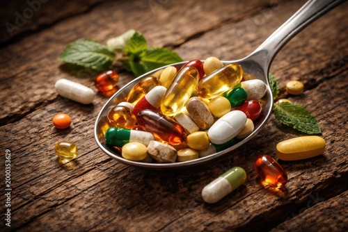 Health vitamins collected in a spoon laying on a rough wooden plank