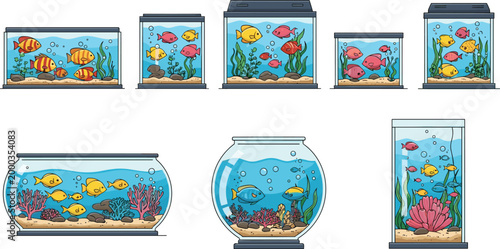 Aquarium Fish Tank Icon Set with Various Glass Shapes and Colorful Tropical Fish for Pet Care Design, Marine Life Illustration, and Underwater Scene Graphics