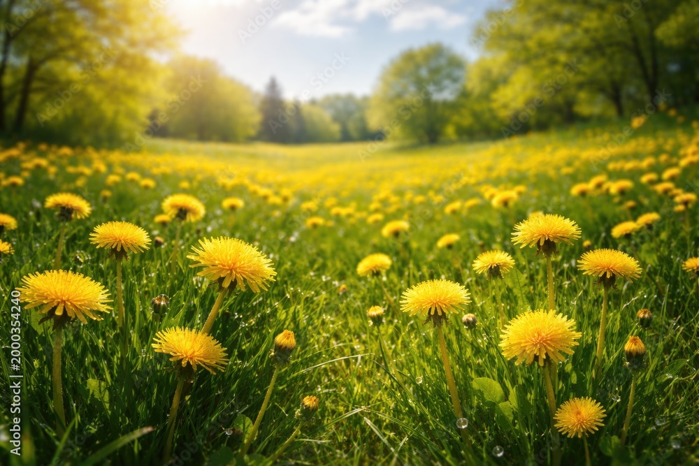 Fototapeta premium Fresh spring lawn covered with lively yellow dandelion blooms under bright sky