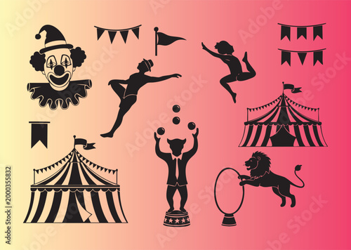 Vintage circus icons and silhouettes with clowns and acrobats collection