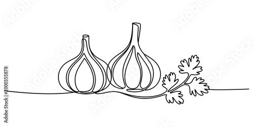 Continuous one line drawing of garlic bulbs and fresh cilantro herb