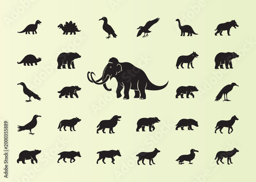 Collection of extinct and modern animals in silhouette illustration style