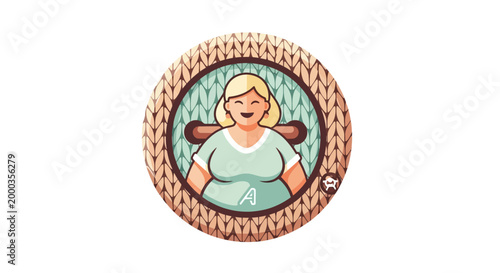 Happy woman in a round frame with knitting needles smiling.