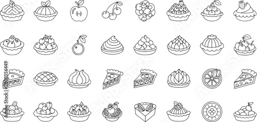 Collection of black and white line of various desserts and fruits cake cupcake
