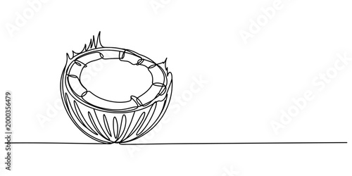 Continuous single line drawing of a fresh coconut half tropical fruit