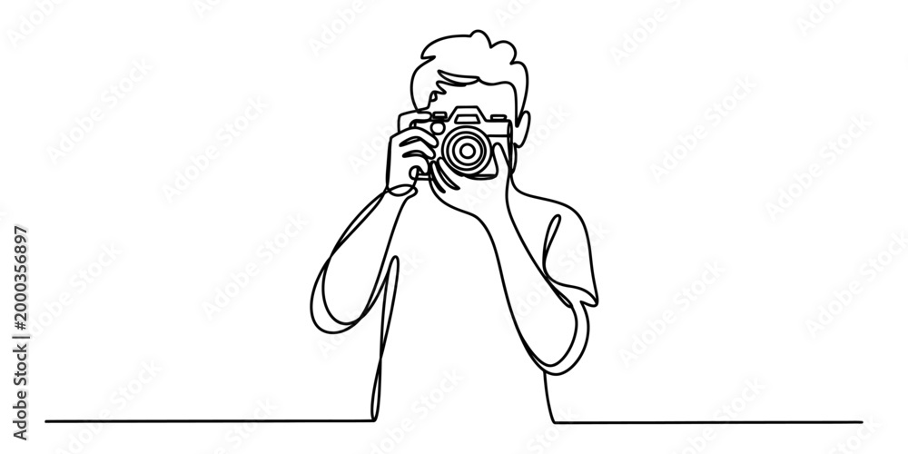 Obraz premium Continuous line drawing of a young man taking a photo with a camera