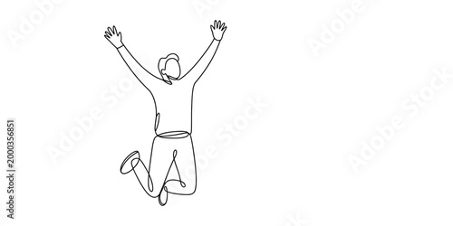 Happy person jumping with hands up in a continuous line drawing style