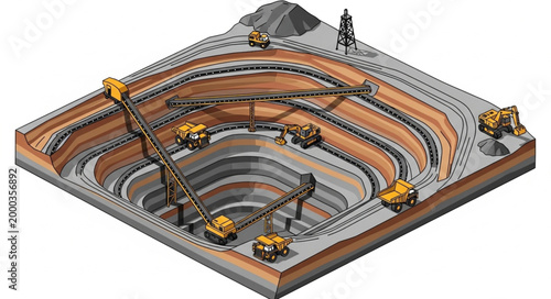 Open Pit Mine With Heavy Machinery And Railway System.