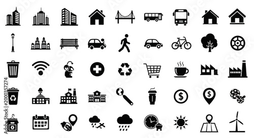 Collection of various urban and city icons in black silhouette.