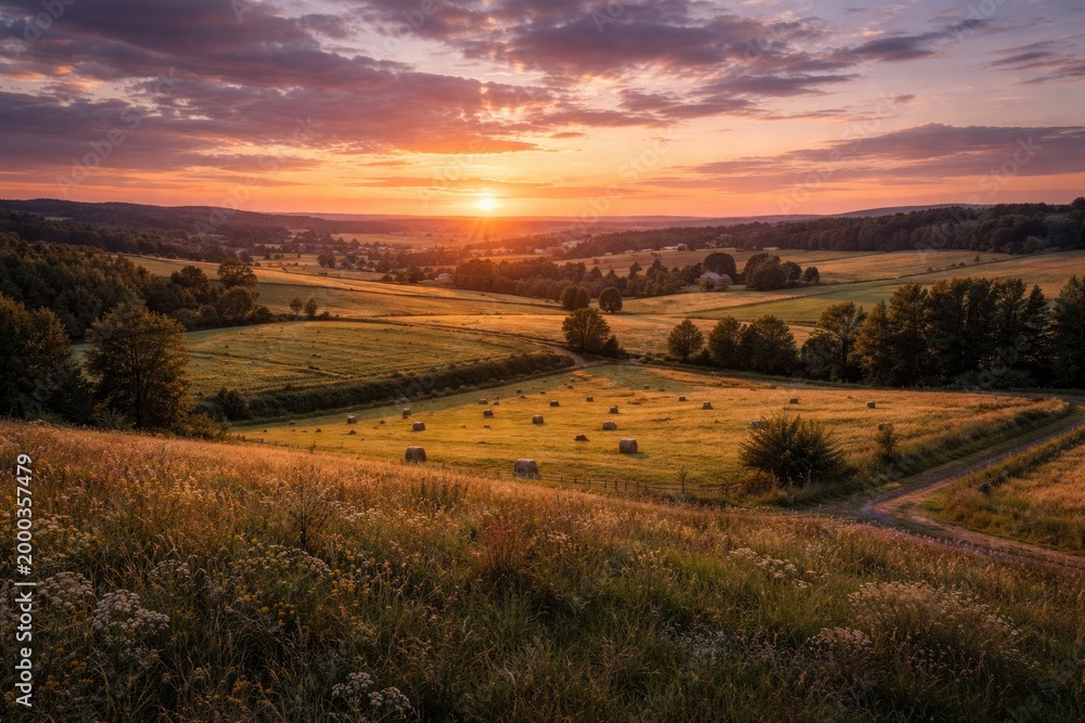 Fototapeta premium Expansive rural terrain with thriving fields and grasslands under dusk sky